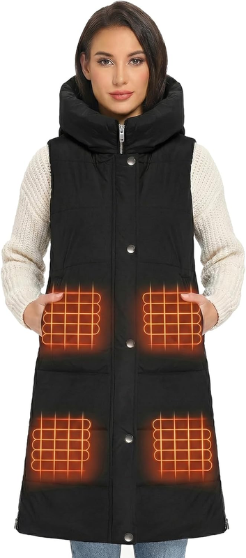 Women’S Long Heated Hooded Vest Water-Repellent Puffer Jacket, Zipper & Snap Closure, 18400Mah for Winter Warmth