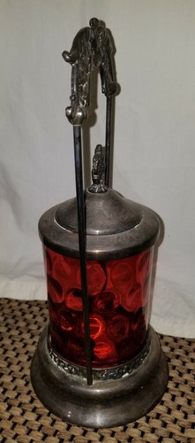 Antique Cranberry Glass Pickle Castor with Tongs
