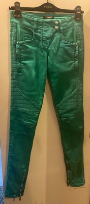 BALMAIN women green biker distressed pants size 34
