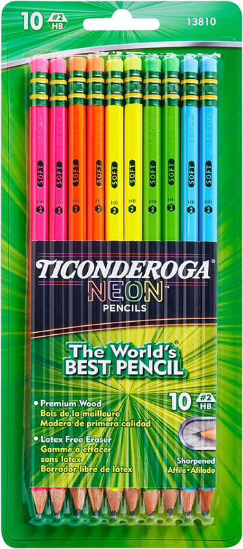 New Ticonderoga Wood-Cased Pencils Pre-Sharpened 2 HB Soft Neon Colors, 10 Count