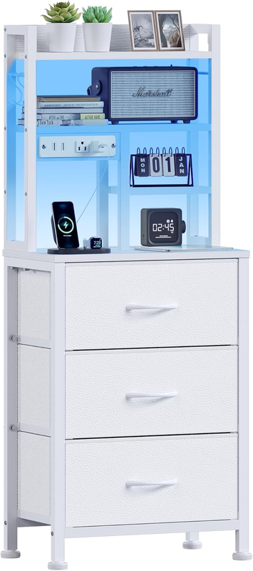 Tall Nightstand with LED Lights and 3 Tier Shelves, Night Stand with 3 Fabric Drawers, 45.3Inch Tall Bedside Tables with USB Ports and Outlets in Bedroom, Dorm, Office (White)