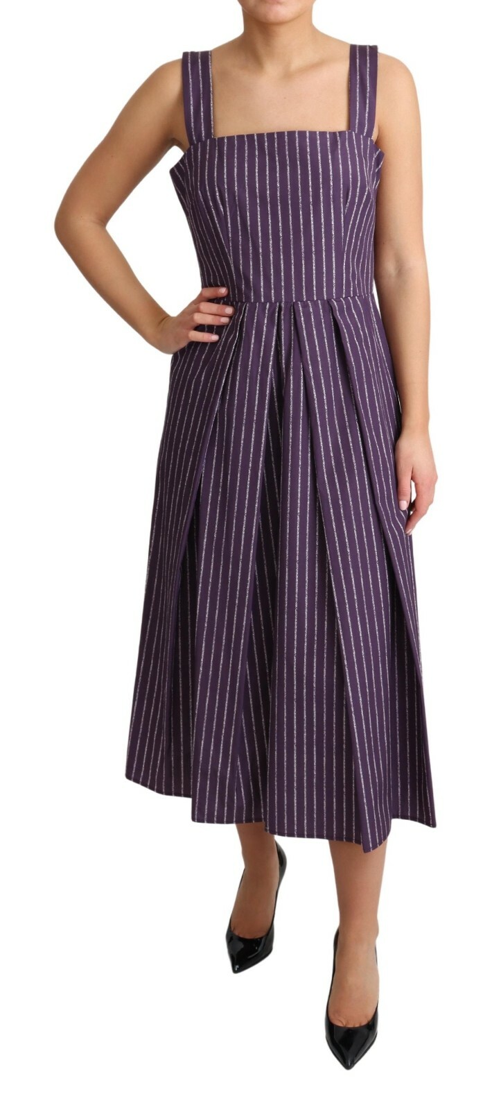 Pre-owned Dolce & Gabbana Dress Purple Striped Cotton A-line Stretch It42/us8/ M Rrp $1400