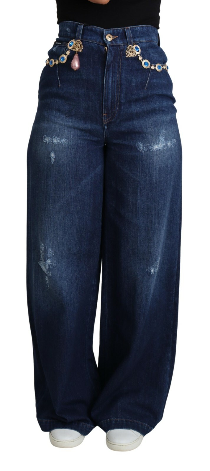 

DOLCE - GABBANA Jeans Хлопковые синие широкие брюки с украшением IT40/US6/ $2500, Синий