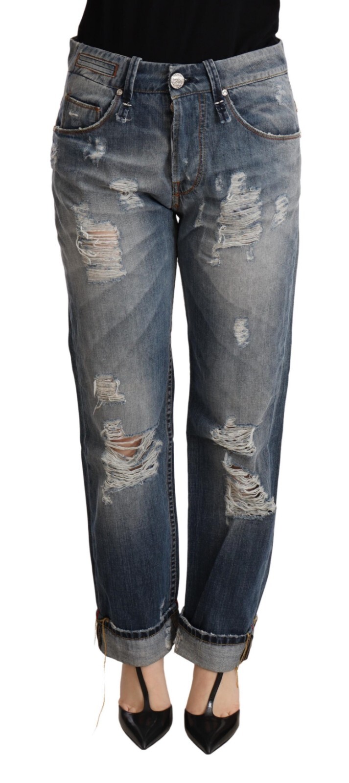 

ACHT Jeans Хлопковые рваные прямые джинсовые брюки со средней талией s. W26 Рекомендуемая розничная цена 300 долларов США, Синий
