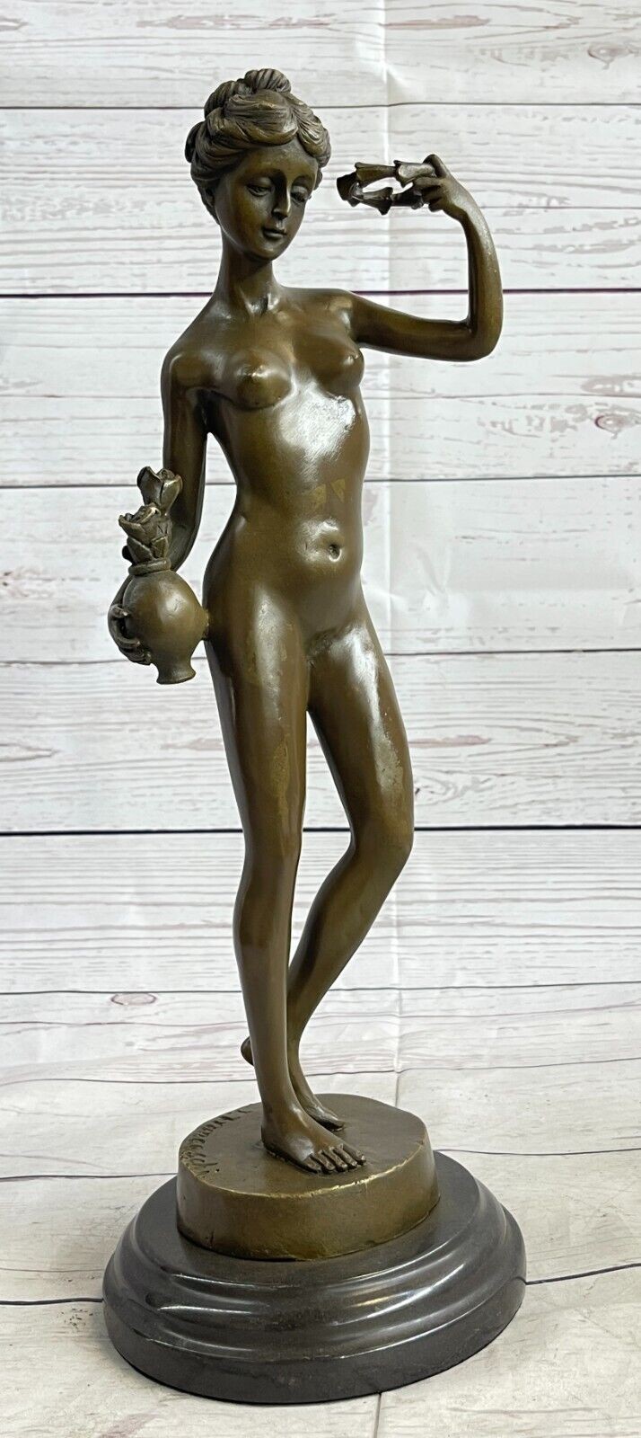 Art Nouveau Bronze Vase Girl Lady France Paris Statue Marble Base Sculpture Gift