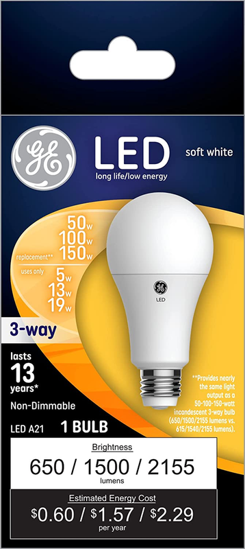 GE 3-Way LED Light Bulb, A19 Standard Bulb, 5/10/19 Watt