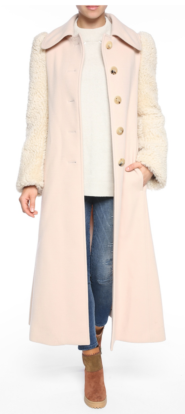 Pre-owned Chloé Women's Pink Lambskin Shearling Long Coat Jacket Parka 34