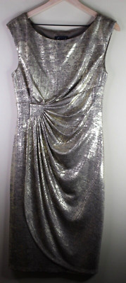 Connected Apparel Women's Metallic Gold Sleeveless Faux Wrap Midi Dress Size 8