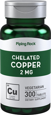 Chelated Copper 2 mg | 300 Tablets | Non-GMO, Gluten Free | By Piping Rock