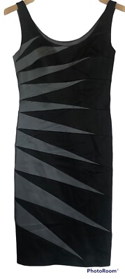 New JAX Women's 8 Satin Bodycon Bandage Midi Dress Black Pewter Cocktail Party