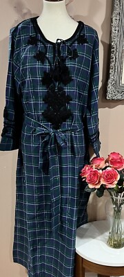 Roller Rabbit Inverness Plaid Tassel  Punta Embroidered Long Kurta Size XL $228