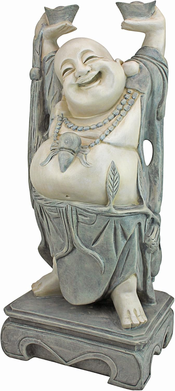 Jolly Hotei Laughing Man Asian Handcast Two Tone Stone Indoor Outdoor Art Decor