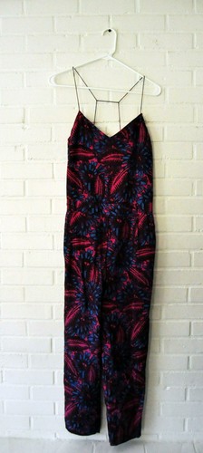 J. Crew Hot Pink Purple Pantsuit Spaghetti Straps Pockets Midnight Floral SILK 0