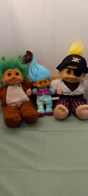 Lot of 3 Plush Troll Dolls Russ Berrie & Multi toy corp. 12'' & 7'' multi color