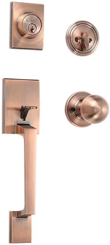 Antique Copper Front Door Handle & Deadbolt Set, Reversible for Left/Right