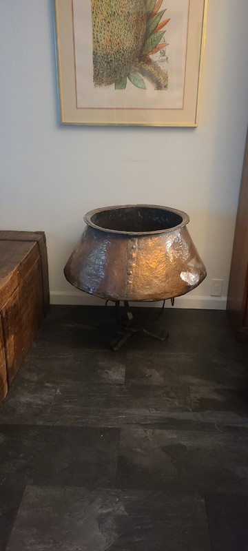 HUGE TURKISH COPPER CAULDRON POT 18th Century Wrought Iron Base,