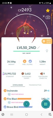  PVP BEASTS!   LVL50 SHINY TALONFLAME +2ND MOVE!  - PKMN GO - NON REGISTERED!