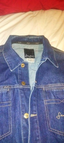 Sean John Mens M Dark Blue Denim Jean Jacket Embroidered Casual Button Size 1618