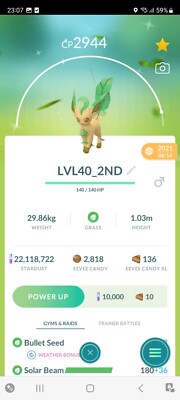 PVP BEAST!   LVL40 SHINY LEAFEON w/2ND MOVE!!!   - PKMN GO - NOT REGISTERED
