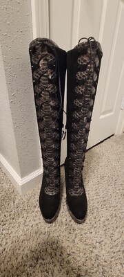 STUART WEITZMAN KNEE BOOTS 6M PLATFORM BLACK SUEDE W/SMOOTH BLACK LEATHER LINING