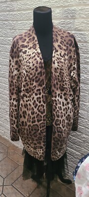 Neiman Marcus Cashmere Collection Leopard Prt Open Long Cardigan Women s Size L
