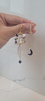 Mismatch Asymmetric Kitty Cat Moon 18K Gold Earrings