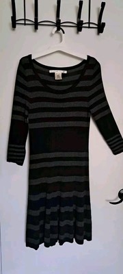 Max Studio Womens M Fit & Flare Black Gray Stripe 3/4 Sleeve Sweater Like Dress