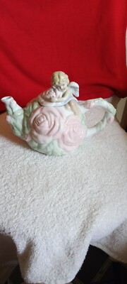 AVON Ceramic Porcelain Teapot Cherub Angel Lid Pastel Floral
