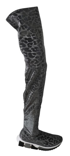 Pre-owned Dolce & Gabbana Dolce&gabbana Women Gray Sneakers Boots Leopard Print Above Knee Bootie Trainers