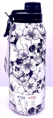 Hydrapeak Artisan 32oz Insulated Stainless Steel White Black Skulls w/Flowers
