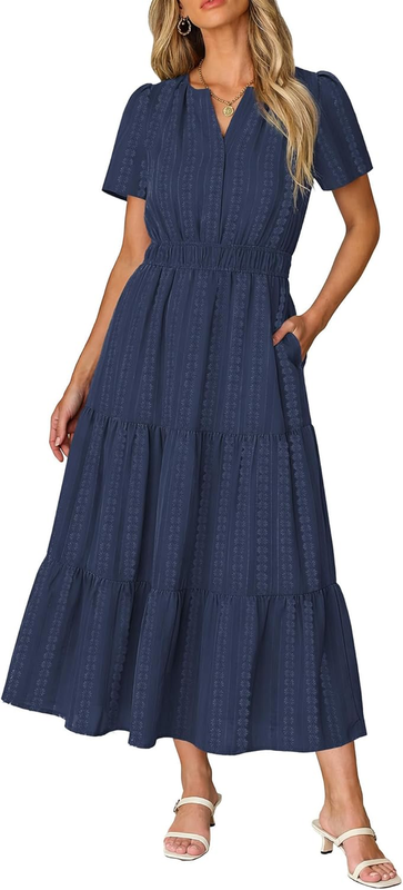 Women Casual Midi Maxi Dresses Short Sleeve V Neck Elastic Waist Vacation Dress Pockets（S-2Xl