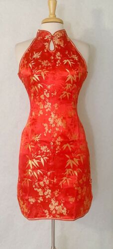 Sleeveless Chinese Short Cheongsam Qipao Dress wth bamboo and plum flower prints
