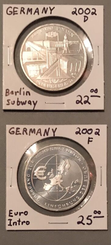 Germany 2002 F /D Ten Euro Commemoratives Euro Intro, Berlin Subway Silver Coins
