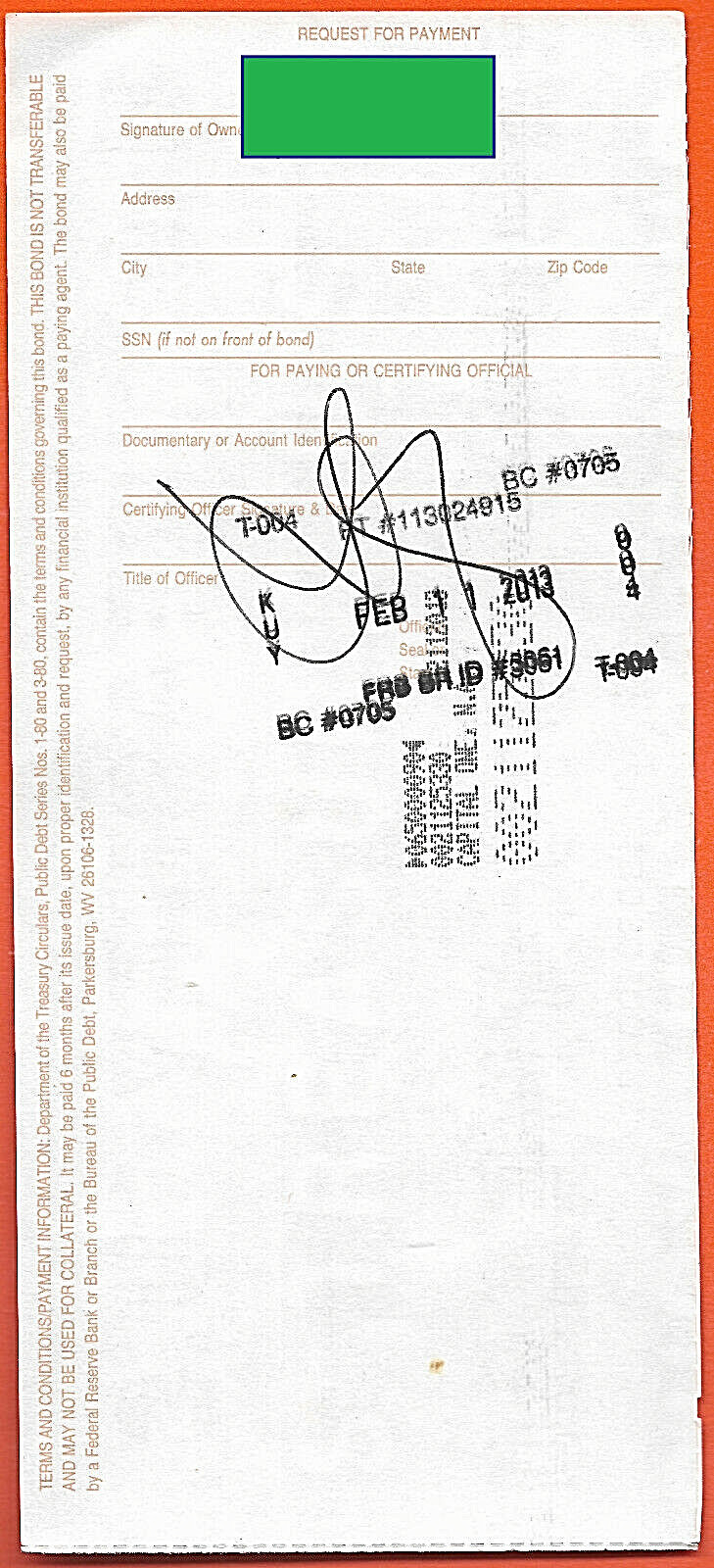 US SAVING BOND HAMILTON 08 1997 $500.00  SERIES EE  CANCELLED