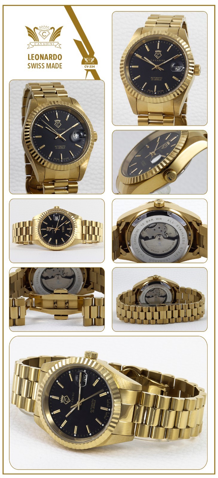 Pre-owned Cavadini Automatic Men's Watch Cal. Felsa Swiss Made Cv-334 Leonardo Gold-black