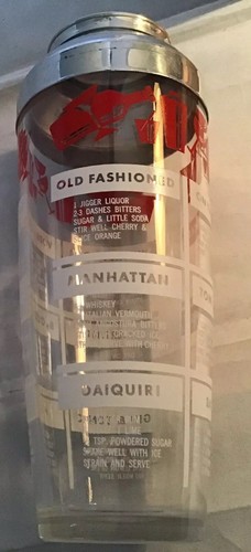 Vintage Retro Cocktail Shaker Drink Mixer w/Recipes, Aluminum & Glass Barware