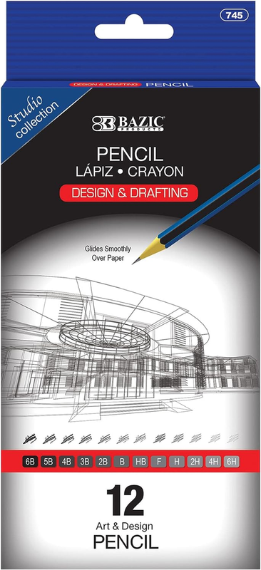 BAZIC Drawing Sketching Pencil Set, 6B 5B 4B 3B 2B B HB F H 2H 4H 6H, Profession