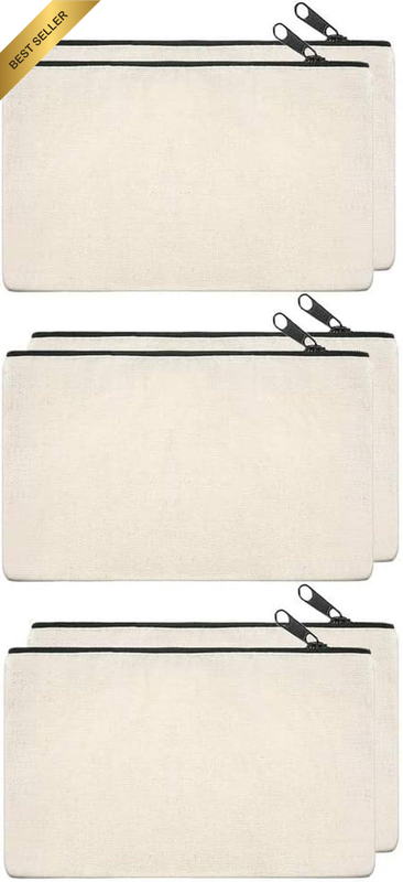 6 Pcs Canvas Zipper Bags - Multi-Purpose Blank DIY Craft Pouches for Makeup, Tra