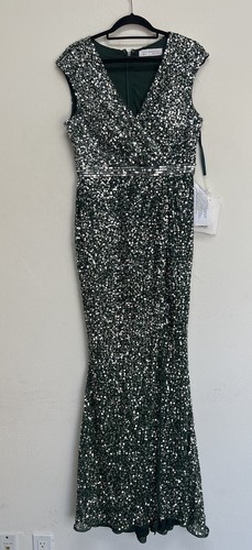 Pre-owned Mac Duggal Cap Sleeve Sequined High Slit V Neck Belted Gown Size 10 Green 5489