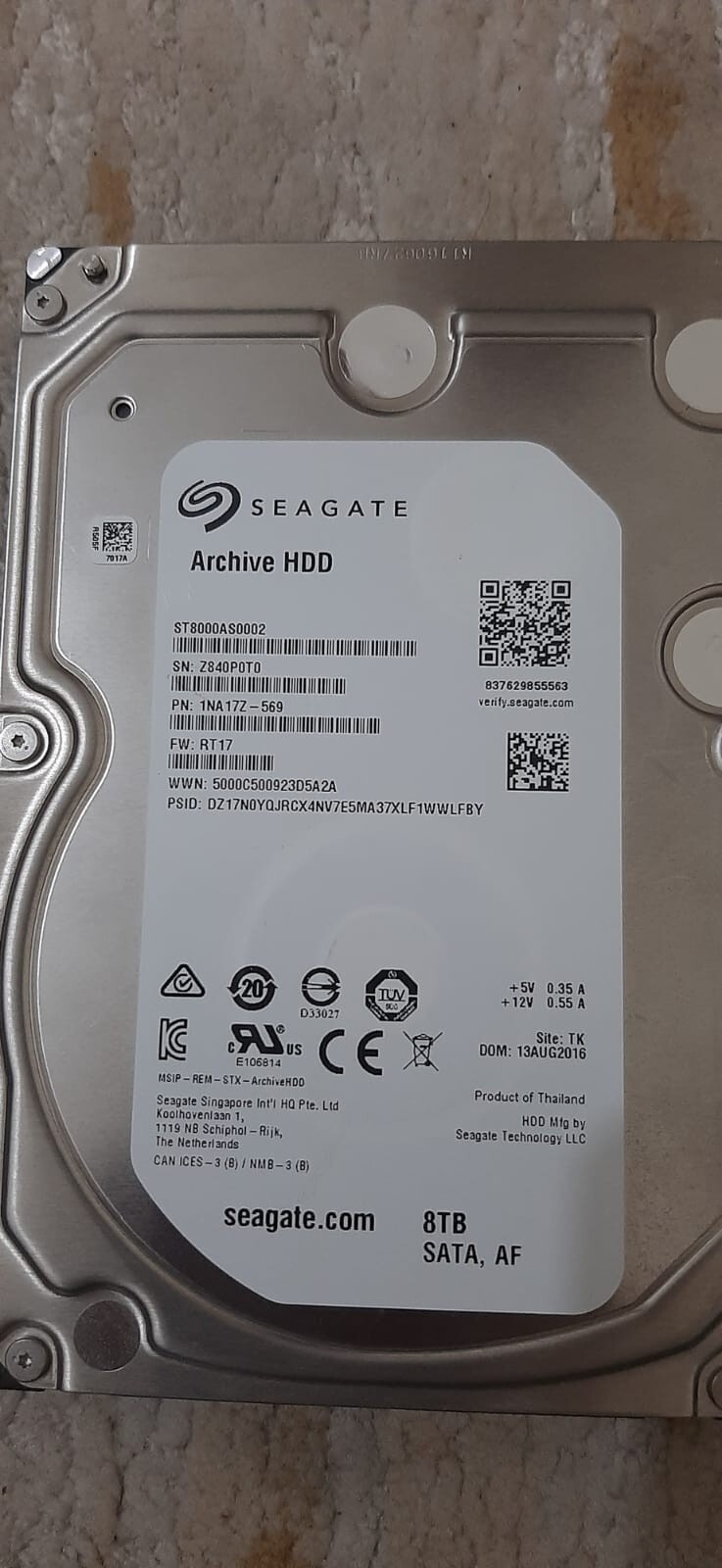 【正常】Seagate HDD 8TB ST8000AS0002 Amazon.com: Seagate Archive HDD 8TB SATA 6GBps 128MB Cache