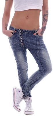 Damen Boyfriend Jeans Baggy Harem Hose Hüftjeans Girlfriend mit Knopfleiste D68