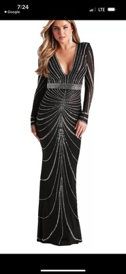 Windsor Black Rhinestone Mermaid Long Dress Gown Holiday Party Cocktail Maxi New
