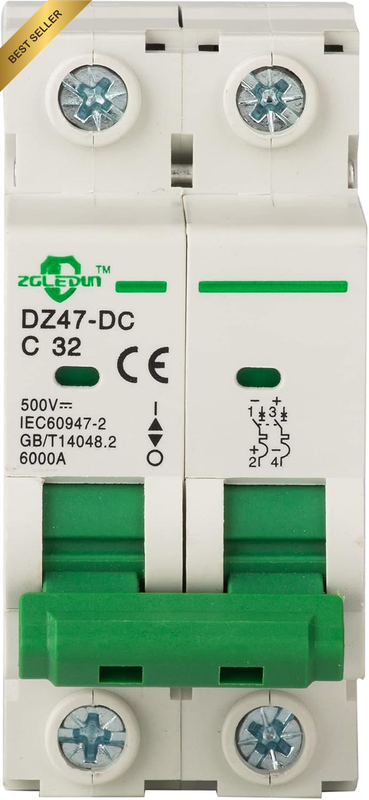 DC Miniature Circuit Breaker, 2 Pole 32 Amp, 24VDC-500VDC, 6Ka Din Rail Mount Br