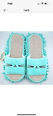 NWT Kitty Face Turquoise Blue Mop Slippers Cat Lady One Size