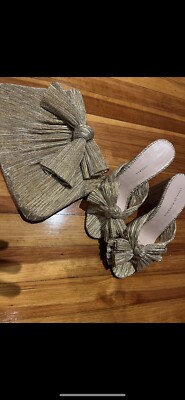 Size 9 Loeffler Randall Gold Raffia Bow Shoe and Matching Clutch No Box 