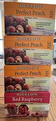 4 Bigelow Herbal Tea Bags 3 Perfect Peach 1 Red Raspberry 20 Count Each Exp 2026