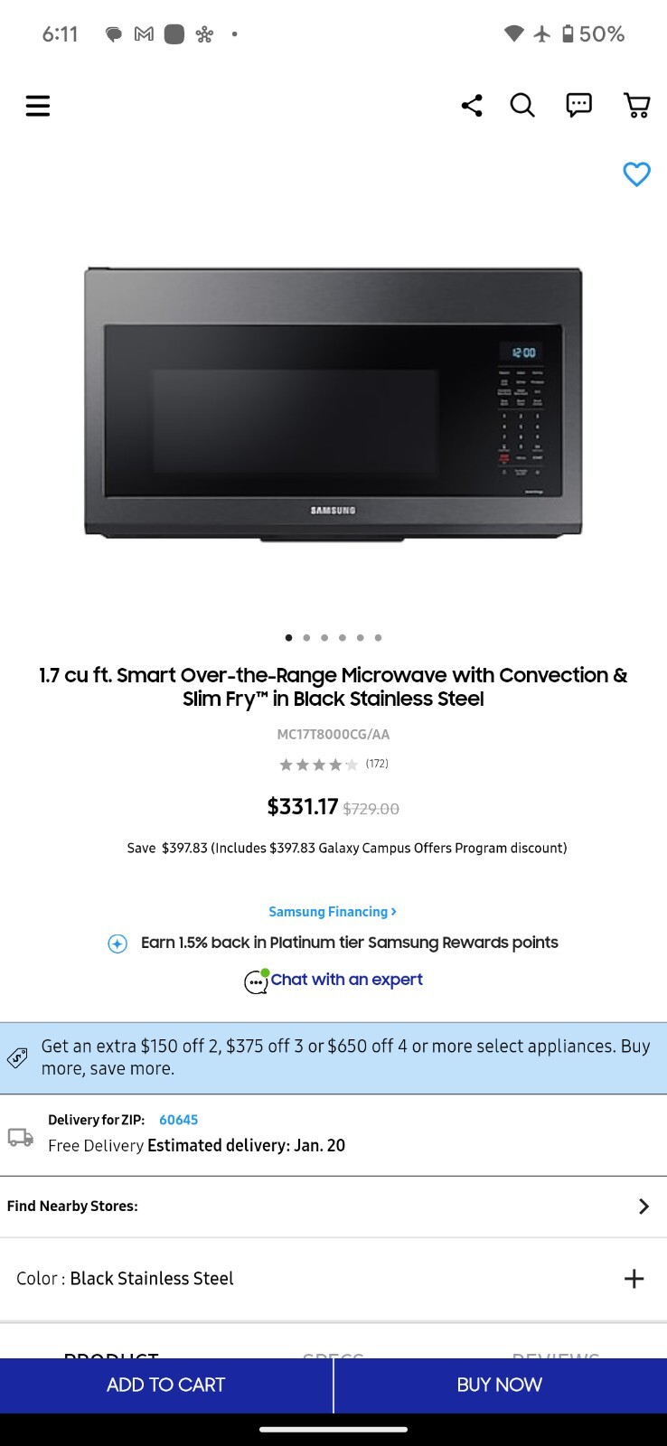 samsung 1.7 cu over the range microwave