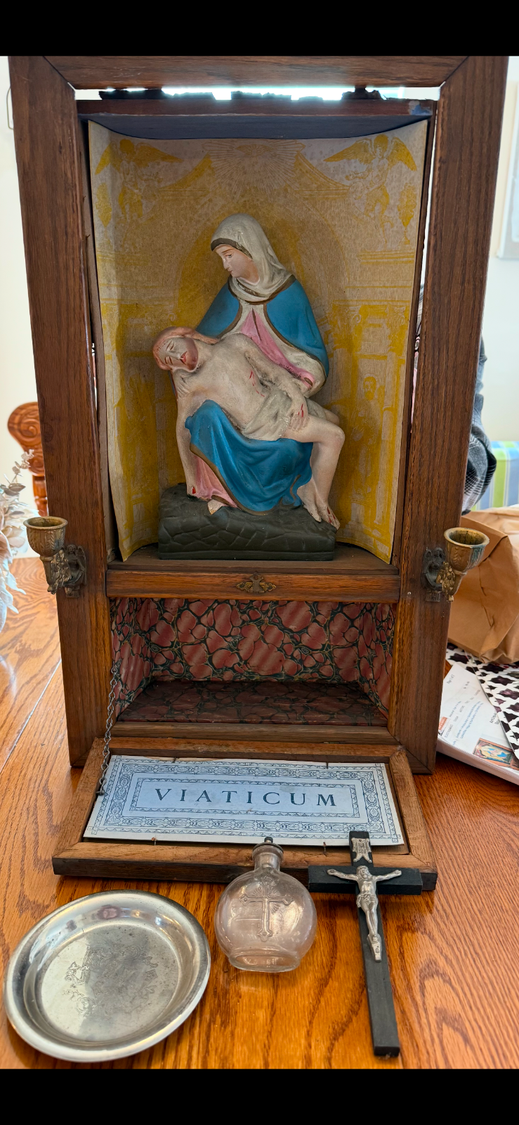 Antique CATHOLIC LAST RITES Wall Shadow Box Alter Pieta Jesus