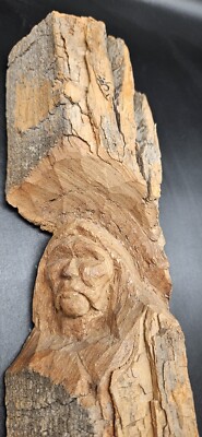 Vintage Wood Carved Native American Bust Bark 26''