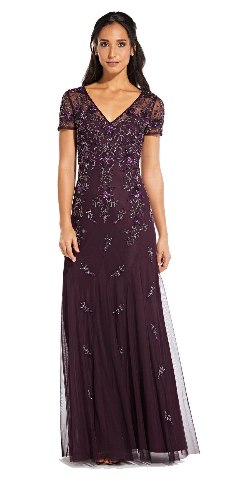Pre-owned Adrianna Papell Floral Beaded Godet Gown With Sheer Short Sleeves In Night Plum In Purple